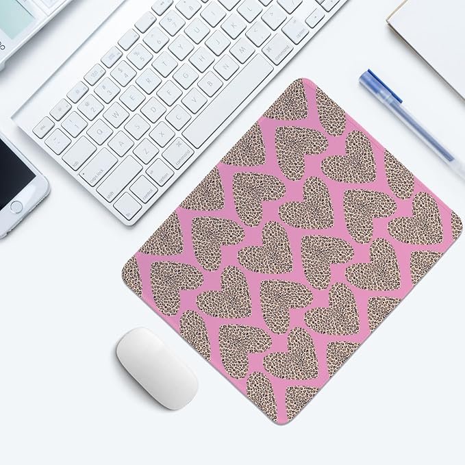 Pink Valentine Hearts Mouse Pad, Pink Cheetah Valentine's Day Desk Pad,Girly Preppy Love Heart Desk Mat for Girls Dorm Home Office Desktop Decor,Valentine's Day Gift,11.8x9.8 Inch