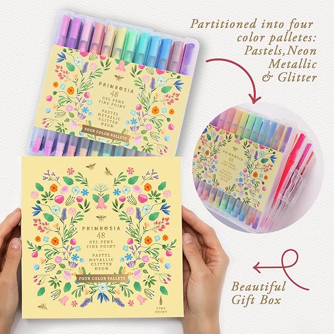 Primrosia 48 Gel Pens, inc. Metallic, Pastel, Glitter & Flourescent for Adult Coloring Book & Bullet Journal Pens. No-Bleed-Through in a Variety of Shades, 7.5x More Ink Fine Point Markers Set