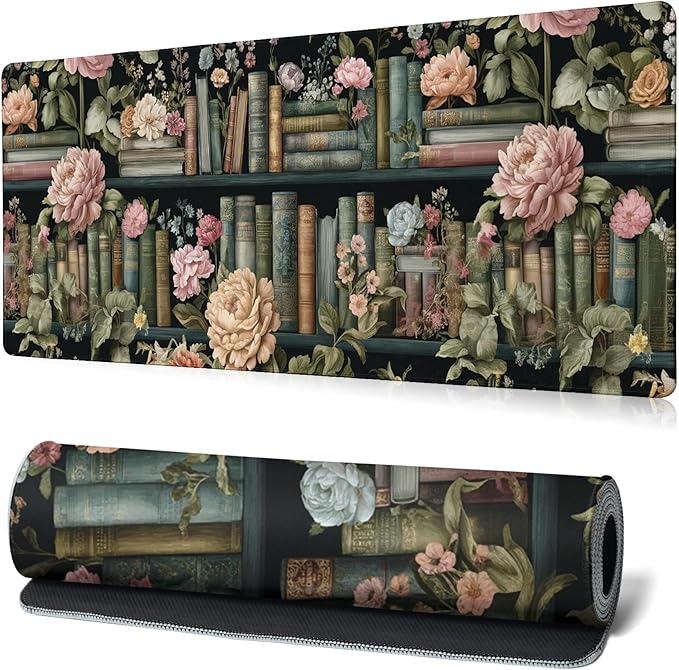 Floral Books Gaming Mouse Pad Reading Mouse Pad 31.5x11.8 Inch Flower Bookshelf Desk Mat Non-Slip Rubber Base Large Mousepad Stitched Edges Keyboard Mouse Mat Desk Pad for Office and Home