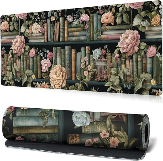 Floral Books Gaming Mouse Pad Reading Mouse Pad 31.5x11.8 Inch Flower Bookshelf Desk Mat Non-Slip Rubber Base Large Mousepad Stitched Edges Keyboard Mouse Mat Desk Pad for Office and Home