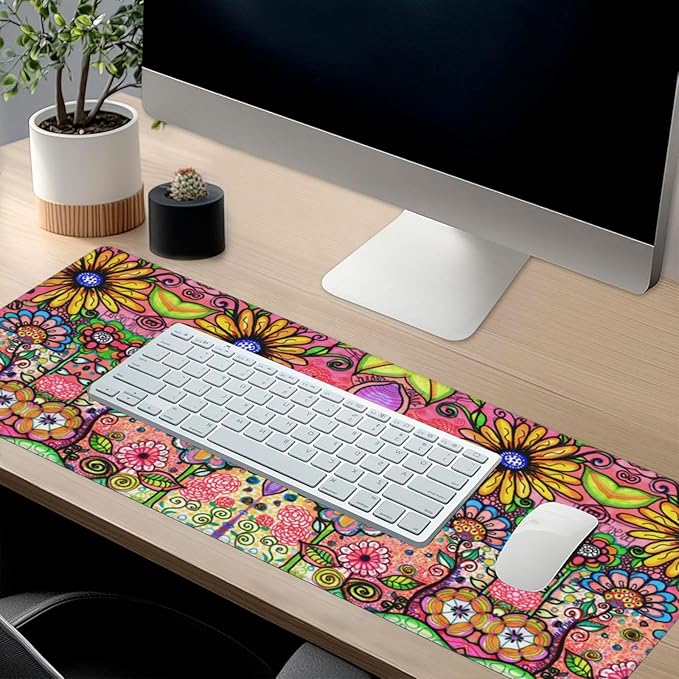 Extra Large Mouse Pads Hippie Flowers XXL Extended Mousepad with Stitched Edges Non-Slip Rubber Base Computer Keyboard Pad Desk Mat for Home Office Desk Decor, 35.4" X 15.7"