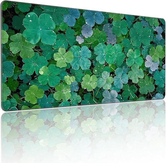 XXL Gaming Mouse Pad, Lucky Four-Leaf Clover Design, 35.4 x 15.7 Inches, Microfiber Cloth, Non-Slip Rubber Base, Extended Desk Mat