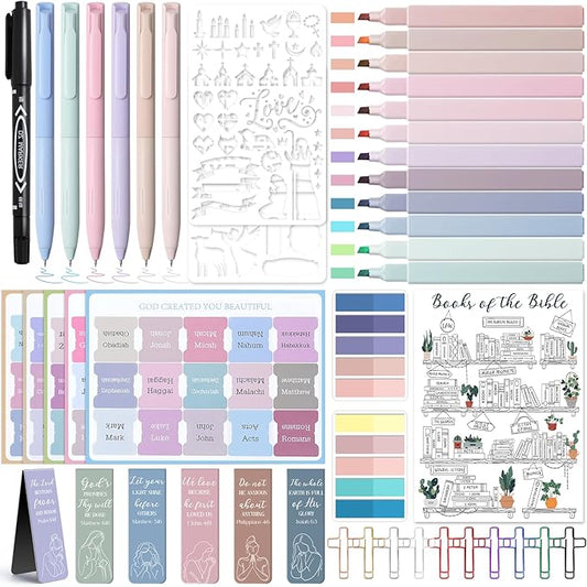 45 Pcs Bible Study Supplies, Bible Study Kit Journaling Supplies with 12 Bible Highlighters No Bleed and Tabs, 6 Pens, 6 Bookmarks, Books of the Bible Sticker and More, Christian Gifts for Women