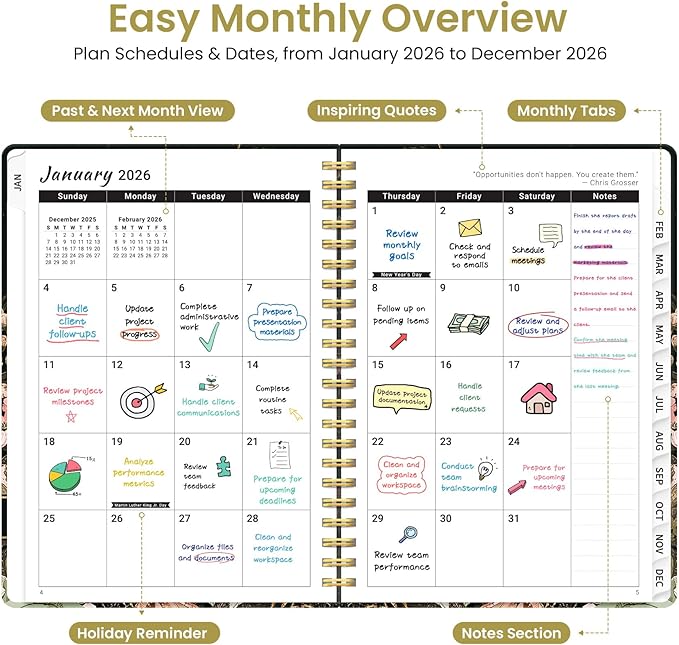 2026 Planner, Weekly and Monthly Planner for Women, January 2026 to December 2026, Pretty Hardcover 2026 Calendar Planner Book with Tabs, Inner Pocket, Spiral Bound, Perfect Office Home School Supplies - 6.3" x 8.5", Wildwood Fox