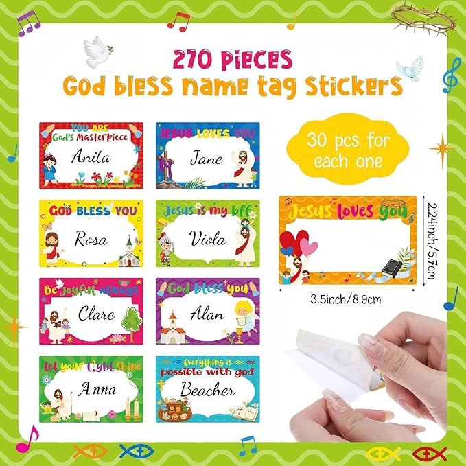Harloon 270 Pcs Bible Verse Name Tag Stickers for Desk God Bless Self Adhesive Labeling Christian Religious Name Tags Sunday Gift Motivational Writable Blank for Kids Classroom School Supplies