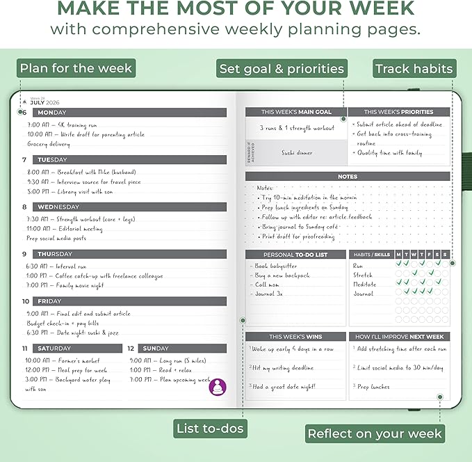 Clever Fox Dated Planner 2026-2027 – Weekly Life Planner Notebook for Time Management – Planner with Habits Tracker & To-Do List (Forest Green)