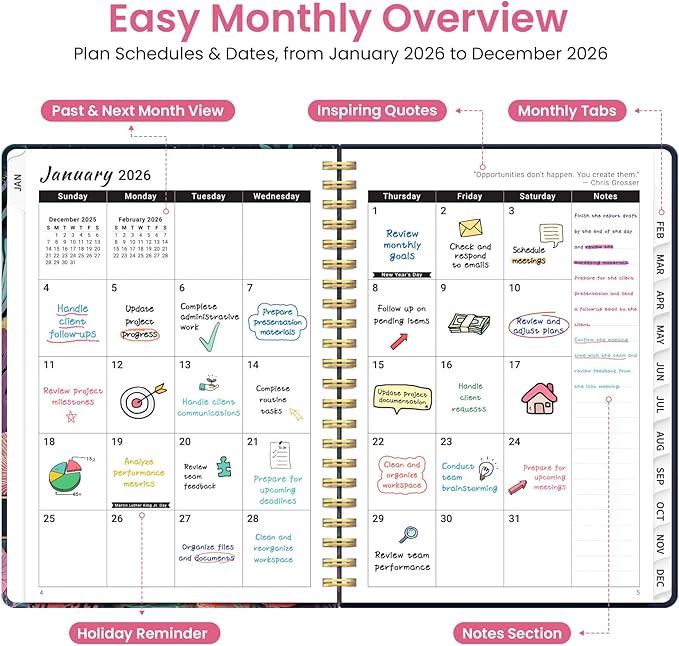 2026 Planner, Weekly and Monthly Planner for Women, January 2026 to December 2026, Pretty Hardcover 2026 Calendar Planner Book with Tabs, Inner Pocket, Spiral Bound, Perfect Office Home School Supplies - 6.3" x 8.5", Jellyfish
