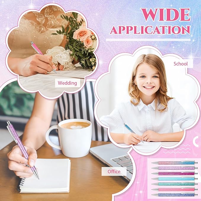 Sherr 7 Pcs Fancy Pens for Women Cute Sparkly Glitter Pens with 10 Pcs Black Ink Refills Pretty Gifts for Girls Office School Christmas Graduation(Glitter)
