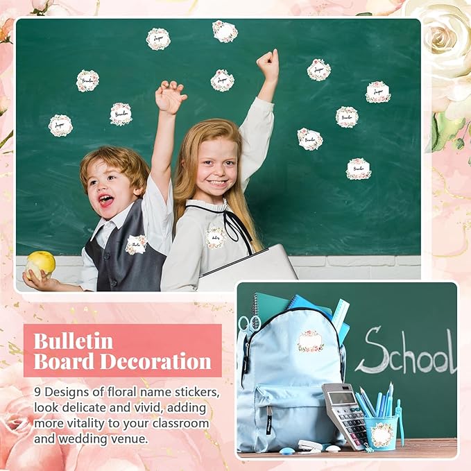 Sabary 90 Pcs Cutout Name Tags Water Bottle Labels Daycare Labels Self Adhesive Name Stickers Gift Tags for Classroom Home Desk Bulletin Board Decoration Party Favor 10 Sheets (Floral)