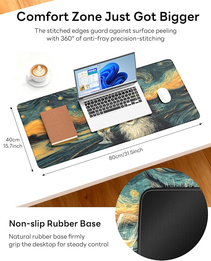 XL Gaming Mouse Pad, 31.5x17.5'' Large Desk Mat with Anti-Slip Rubber Base & Stitched Edges for Gaming, Office, Home - Shocked Cat