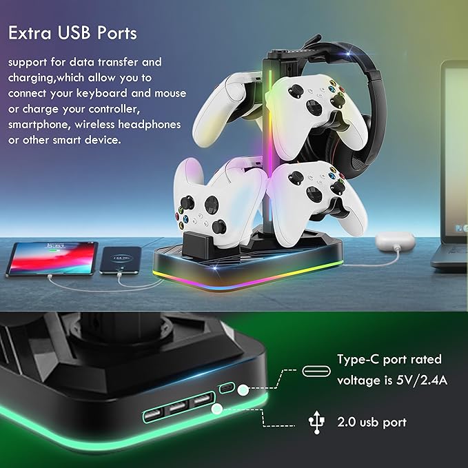 Controller Charger with Headphone Stand for Xbox Series X|S/Elite 2/One/One X/One S/One Elite, RGB Controller Charging Station Dock for Xbox, Headset and Controllers Holder Stand, 3 USB Ports