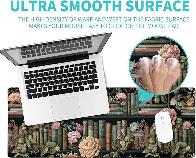 Floral Books Gaming Mouse Pad Reading Mouse Pad 31.5x11.8 Inch Flower Bookshelf Desk Mat Non-Slip Rubber Base Large Mousepad Stitched Edges Keyboard Mouse Mat Desk Pad for Office and Home