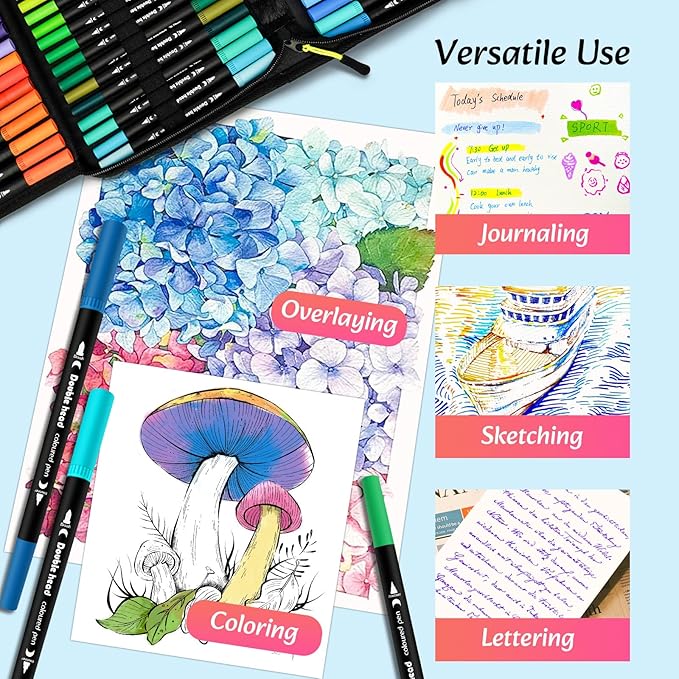 Markers for Adult Coloring Books No Bleeding, 72 Colors Dual Tip Coloring Markers for Adults, Brush&Fine Tip Art Supplies for Calligraphy, Journaling, Sketching, Christmas Gifts for Teens with Case