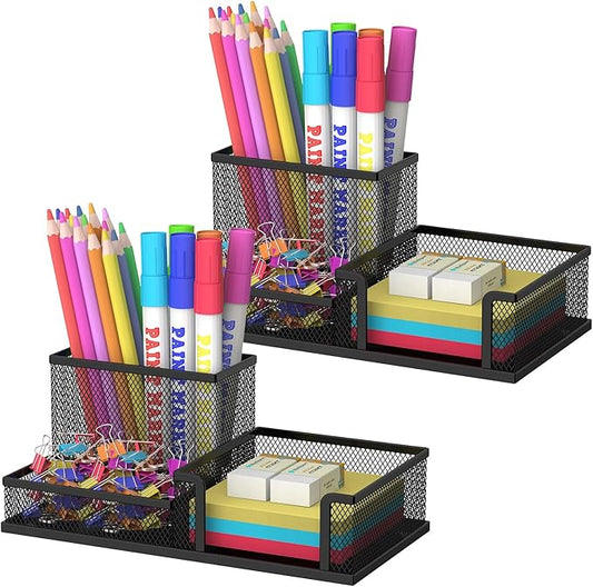 SUPEASY Pen Holder Desk Organizer, 2Pack Office Supplies Pencil Holder with 3 Compartments, Desk Accessories and Workspace Organizers for Home School, Black