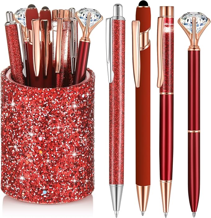 Sabary 8 Pcs Red Pens with Pen Holder for Desk Glitter Crystal Diamond Cute Ballpoint Fancy Pencil Holder Bling Desk Organizer for Women Girls Gifts School Office Valentine Supplies