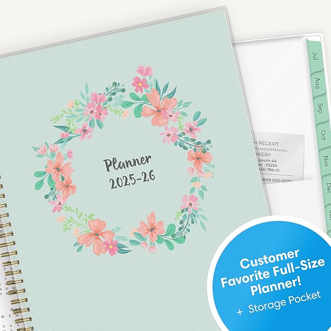 Blue Sky Weekly and Monthly Academic Year Planner Calendar, July - June, Flexible Cover, Wirebound, Laminated Tabs, Laurel (Laurel- 2025/2026, 8.5" x 11")