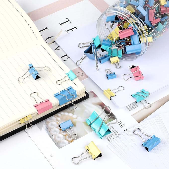 JANYUN 150Pcs Large Binder Clips 6 Assorted Sizes Paper Clamps Clip for Notes Paper Document Organizing Metal Clip Office School Home Supplies (Multicolor)