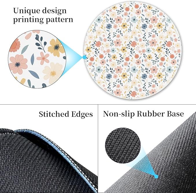 Mouse Pad for Desk, White Floral Flowers Small Cute Mousepad with Non-Slip Base, Round Mouse Pads for Wireless Mouse Laptop Gaming, Computer Mouse Mat for Home Office Travel Desk Accessories