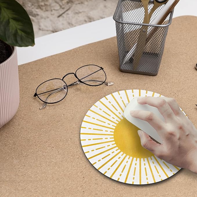 Boho Yellow Sunshine Mouse Pad,Sunshine Mouse Pads Mousepad for Desk Home Office Dorm Computers Laptop, Boho Office Supplies Desk Accessories, 7.9x7.9 Inch