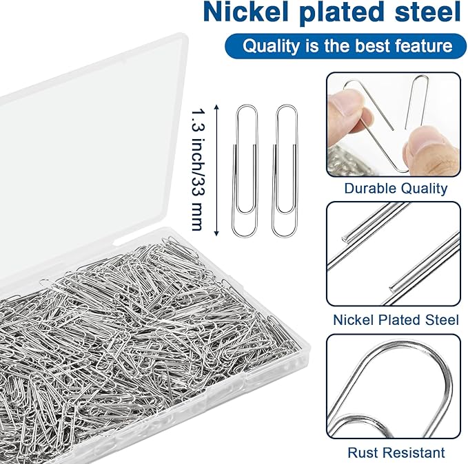 KrvyrnPaper Clips Medium 900Pcs Bulk Paper Clips, 1.3 Inch Nickel Coated, Rust Resistant, Smooth No-Snag Edges, Ideal for Office Mate Filing, School Supplies & Organizing