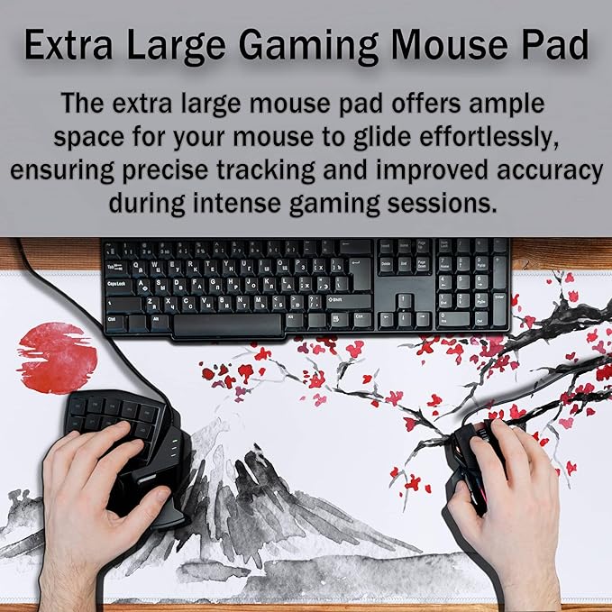 Large Mouse Pads White, Home Office Desk Pad Gaming Mat, Desk Mat Large Non-Slip Rubber Base Waterproof with Stitched Edges, 35.4 X 15.7 inch for Work/Game/Office Japan Traditional Painting