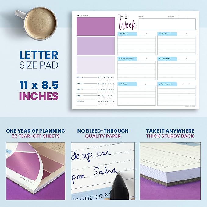 Weekly Planner Pad - Undated Planner - To Do List Notepad - Habit Tracker - 11 x 8.5" - 52 Tear-Off Sheets - Daily Planner Undated for Home Work Office Business - Goal Planner - Cute Planner (Purple)