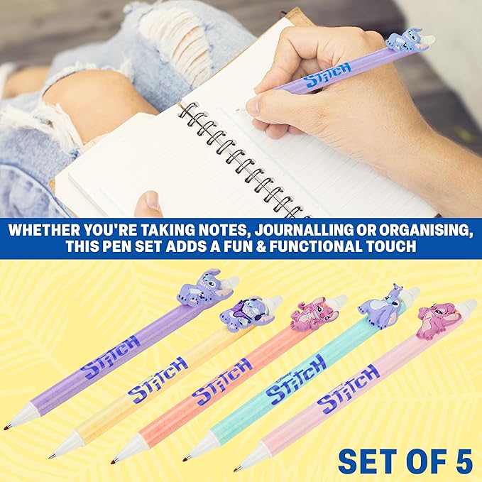 Get Trend Disney Stitch 5pcs Erasable Gel Ink Pens and Angel Cute Writing Pens for Kids Fun Stationery Set Kawaii Journaling Supplies Cool Pen Gifts for Kids (Stitch & Angel)