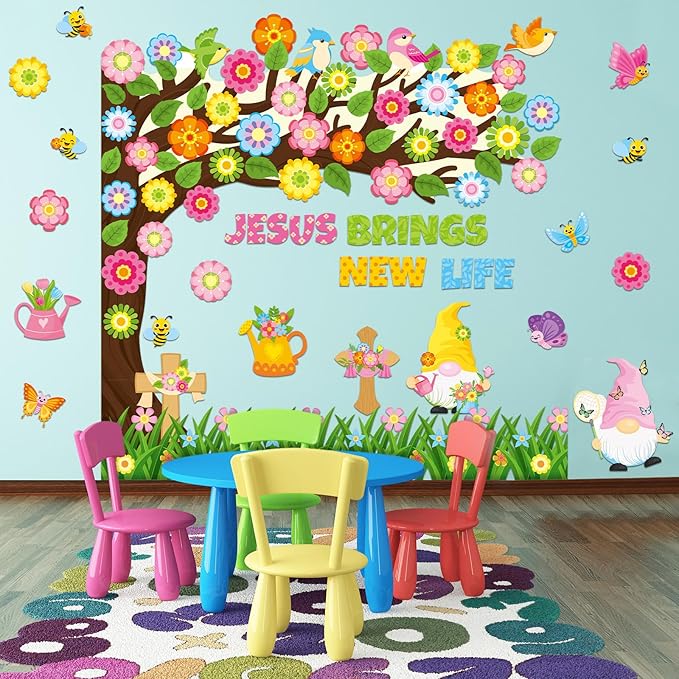 Zonon 114 Pcs Christian Spring Classroom Bulletin Board Decorations Flower Tree Bulletin Board Set Religious Spring Cutouts for Sunday School Kids Office School DIY Projects Chalkboard Supply