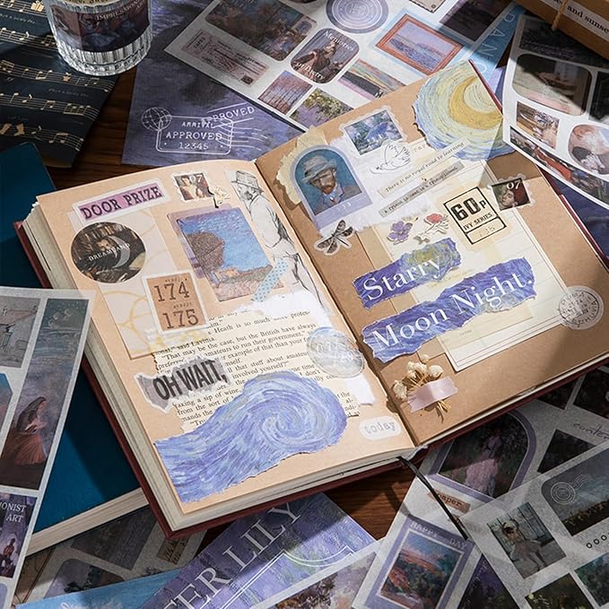 Vintage Scrapbook Stickers, 50 Sheets Aesthetic Oil Painting Sticker Book for Adults with 450pcs Washi Stickers and 20 Sheets Scrapbook Paper Ephemera Sticker Book for Junk Journal Journaling Supplies