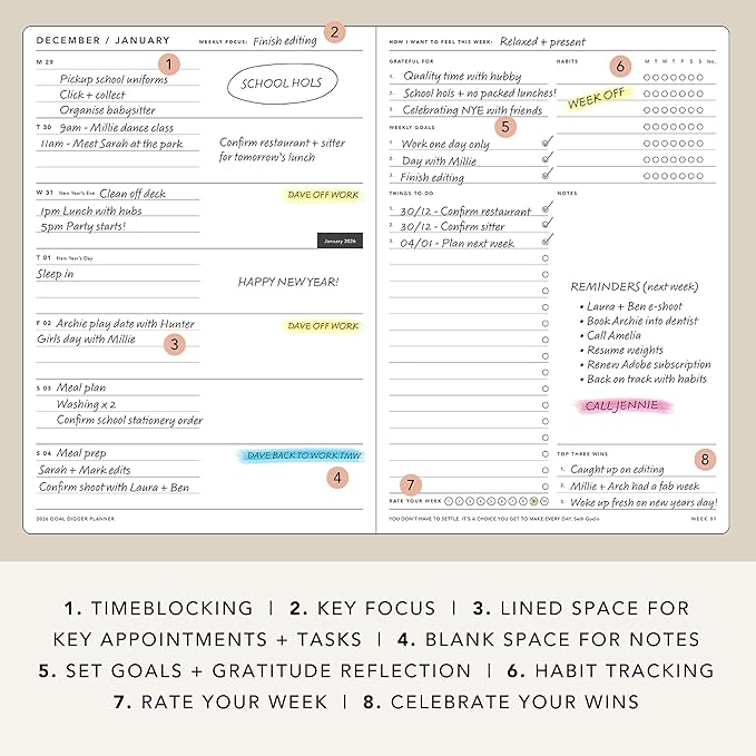 MI GOALS Goal Digger Weekly Planner 2026 | Dated Journal for Gratitude, Progress & Habit Tracking | Weekly Spread Layout, B5 (Black)