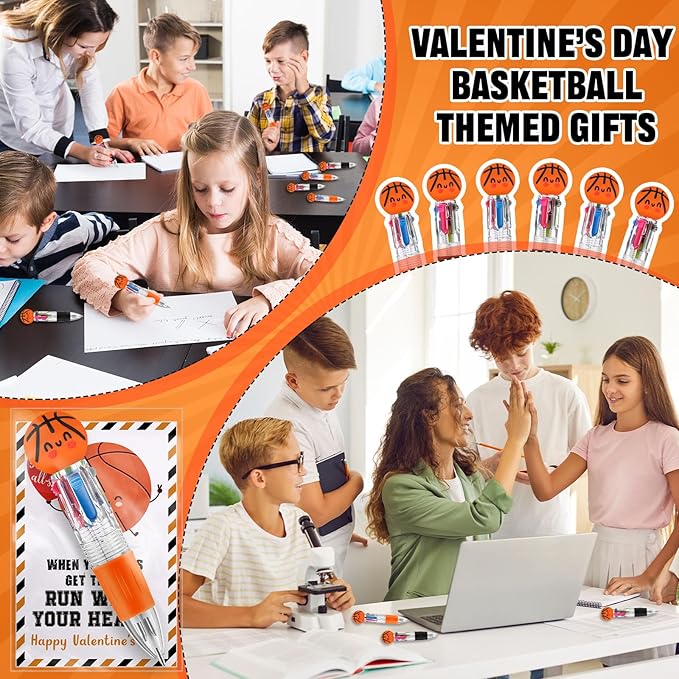 Colarr 24 Set Basketball Valentines Gifts Multicolor Pens with Positive Cards for Valentines Day Party Favors Classroom Prizes Students Basketball Team Goodie Bags Stuffers 4 in 1 Ballpoint Pens