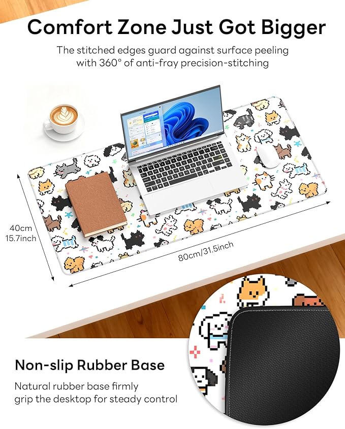 XL Gaming Mouse Pad, 31.5x17.5'' Large Desk Mat with Anti-Slip Rubber Base & Stitched Edges for Gaming, Office, Home - Cute Animals