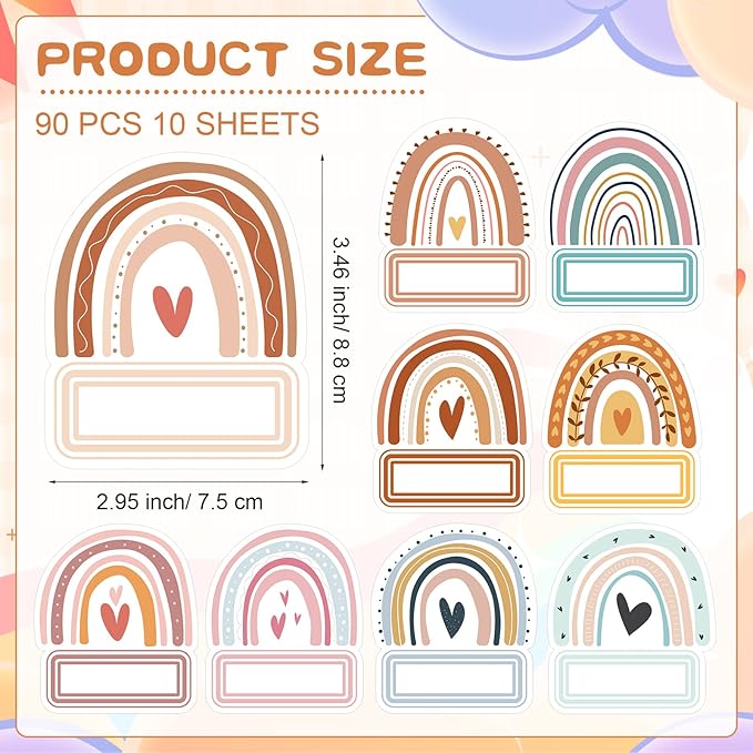 Sabary 90 Pcs Cutout Name Tags Water Bottle Labels Daycare Labels Self Adhesive Name Stickers Gift Tags for Classroom Home Desk Bulletin Board Decoration Party Favor 10 Sheets (Rainbow)