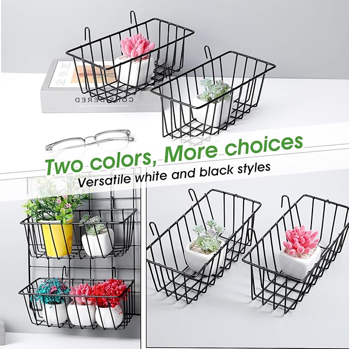 6 Pack Wire Baskets, Hanging Basket for Wall Grid Panel Organizing, Display Wall Baskets for Kitchen, Home Decor, Grid Accessory, Black