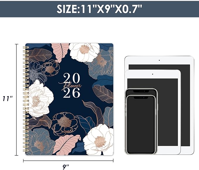 2026 Planner - Planner 2026, 9" x 11", Jan.2026 - Dec.2026, 2026 Planner Weekly and Monthly with Colorful Tabs, Strong Twin-wire, Back Pocket - Engraved Floral