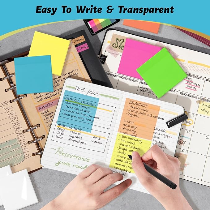 800 Sheets Transparent Sticky Notes, 3x3 Inch 14 Pads Self-Adhesive Translucent Clear See Through Post Sticky Notes for Planner Office School College Teacher Student Supplies 6 Bright Color