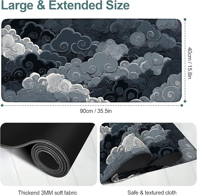 Clouds Extended Gaming Mouse Pad 35.4 x 15.7 Inch – Elegant Desk Mat for Gaming, Office, and Study with Non-Slip Rubber Base
