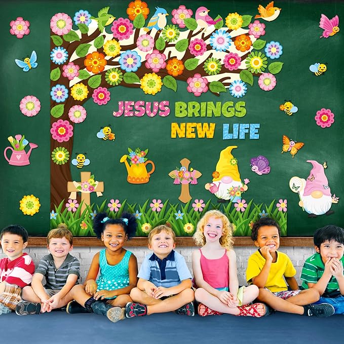 Zonon 114 Pcs Christian Spring Classroom Bulletin Board Decorations Flower Tree Bulletin Board Set Religious Spring Cutouts for Sunday School Kids Office School DIY Projects Chalkboard Supply