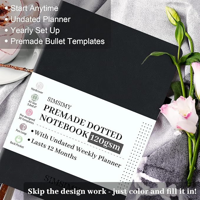 Premade Dotted Journal Notebook with Bullet Templates, Pre-made Dot Grid Journaling with Undated Weekly & Monthly Planner, Various Trackers, Lasts 1 Year, A5