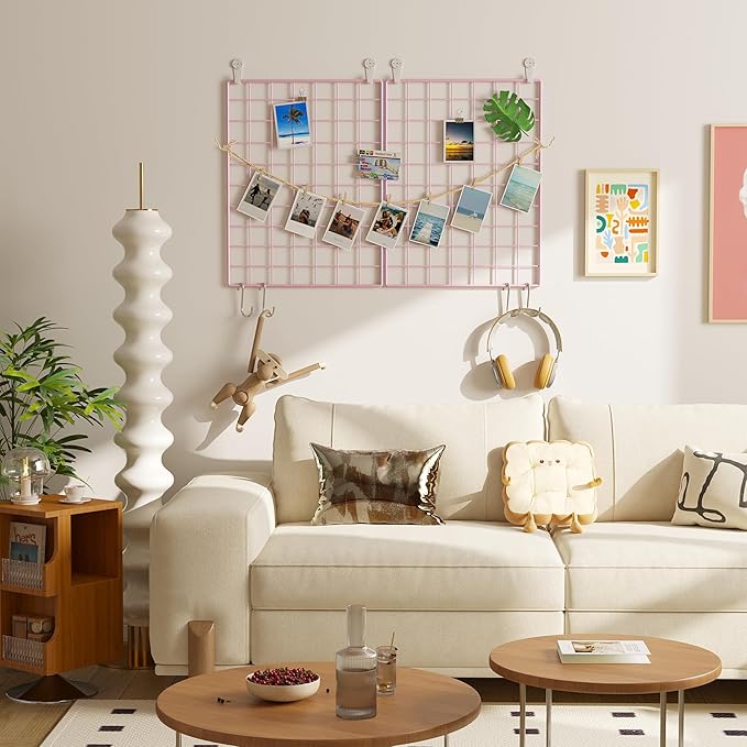 C&AHOME Photo Wall Display Set of 2, Grid Panel with Hooks, Clips, Hemp Cord, Hammer - 15.7" x 11.8", Pink UWWGM3402P