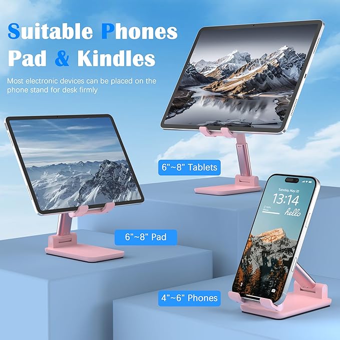 Cell Phone Stand, Angle Height Adjustable Cell Phone Holder for Desk, Fully Foldable with Silicone Pad, Compatible with iPhone and All Mobile Phones Tablet, Sturdy Weighted Base (Pink-2)