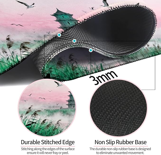 Fantasy Green Tower and Egret XL Large Desk Mat, Extended Long Desk Pad for Gaming and Office, Non-Slip Rubber Base, Comfortable Surface Mouse Pad, 31.5x11.8 in (H24)
