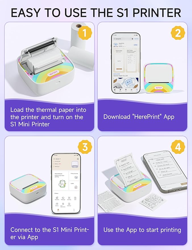 iDPRT Mini Printer with 1 Roll Sticker Paper, Portable Sticker Machine Efficiently and Quickly, DIY, Label, Rainbow