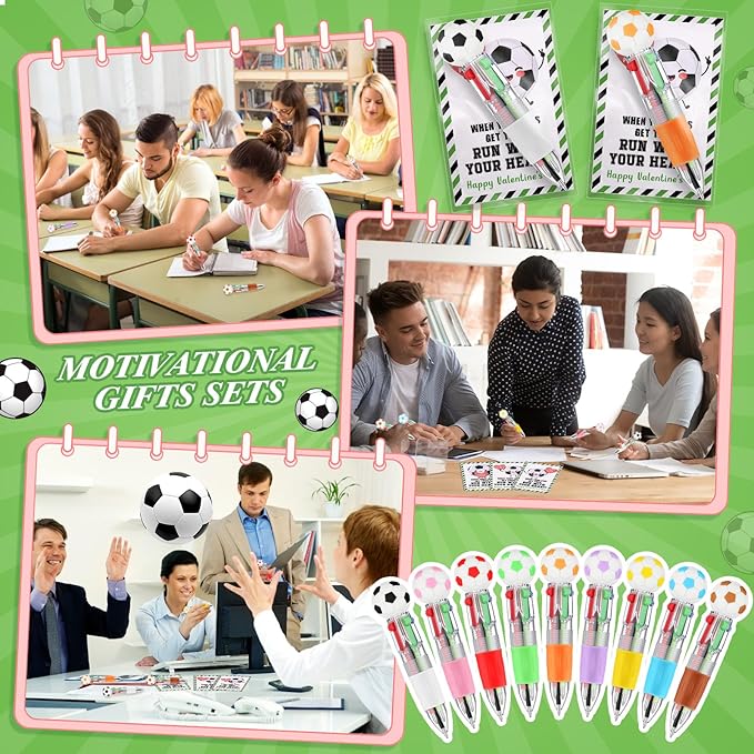 Colarr 24 Set Soccer Valentines Gifts Multicolor Pens with Positive Cards for Valentines Day Party Favors Classroom Prizes Soccer Team Goodie Bags Stuffers 4 in 1 Ballpoint Pens