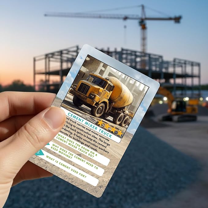 Construction Vehicle Trivia Flash Cards for Kids Ages 3+ | Educational Learning Cards with Trucks & Machines, STEM Fact Cards in Metal Tin, Screen-Free Travel Toy