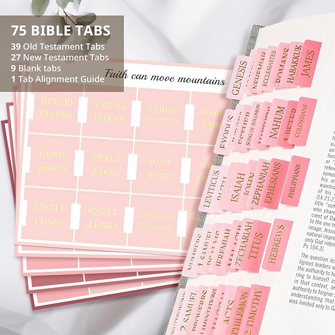 Bible Tabs for Women & Men, Laminated Bible Tabs for Study Bible, Large Print Bible Tabs for Easy Navigation, Bible Index Tabs, 66 Tabs Old & New Testament, Extra 9 Blank Tabs - Blush