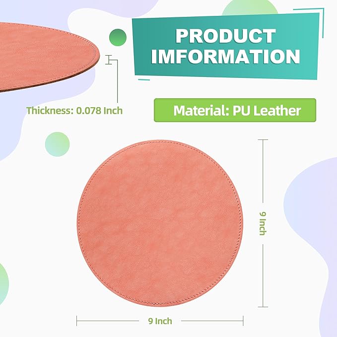 Mouse Pad，Round Mouse Pad，PU Mouse Pad，Leather Mouse Pad with Stitched Edge Micro-Fiber Base with Non-Slip Waterproof，Mouse Pad for Computers，Laptop，9 x 9 Inch (Pink)