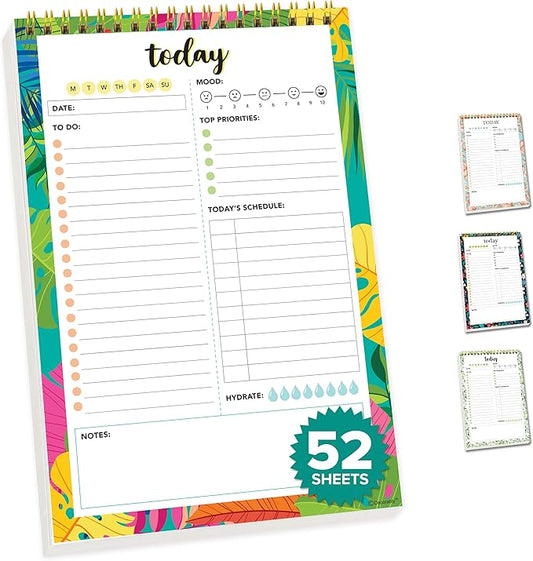 Decorably 52 Sheets Vibrant Forest Undated Daily Planner Notepad Tear Off, 6.5x10in Spring-Bound Daily to Do List to Do Pad, Priorities, Habit Tracker, Mood, Water Intake, Notes