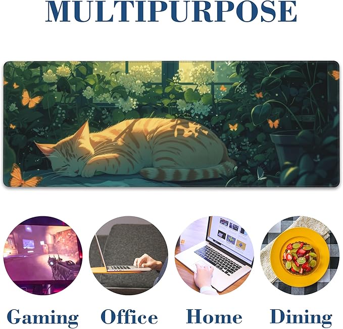 Orange Cat Sleeping in Garden Mouse Pad Desk Mat Large Gaming Mousepad Extended Computer Keyboard Mat with Non-Slip Rubber Base and Stitched Edge 11.8 x 31.5 Inch for Gaming and Office Work