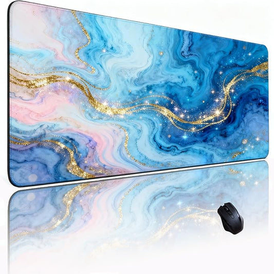 Blue Marble Mouse pad, Large Gold Micro-Woven Fabric Desk mat, with Sewn Edges, Anti-Slip Rubber Base, Suitable for Office Gaming laptops (31.5×11.8 inches)